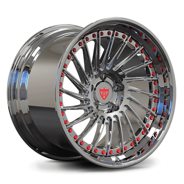 Custom forged deep dish wheels with chrome finish and red accents for C7 Corvette aftermarket applications.